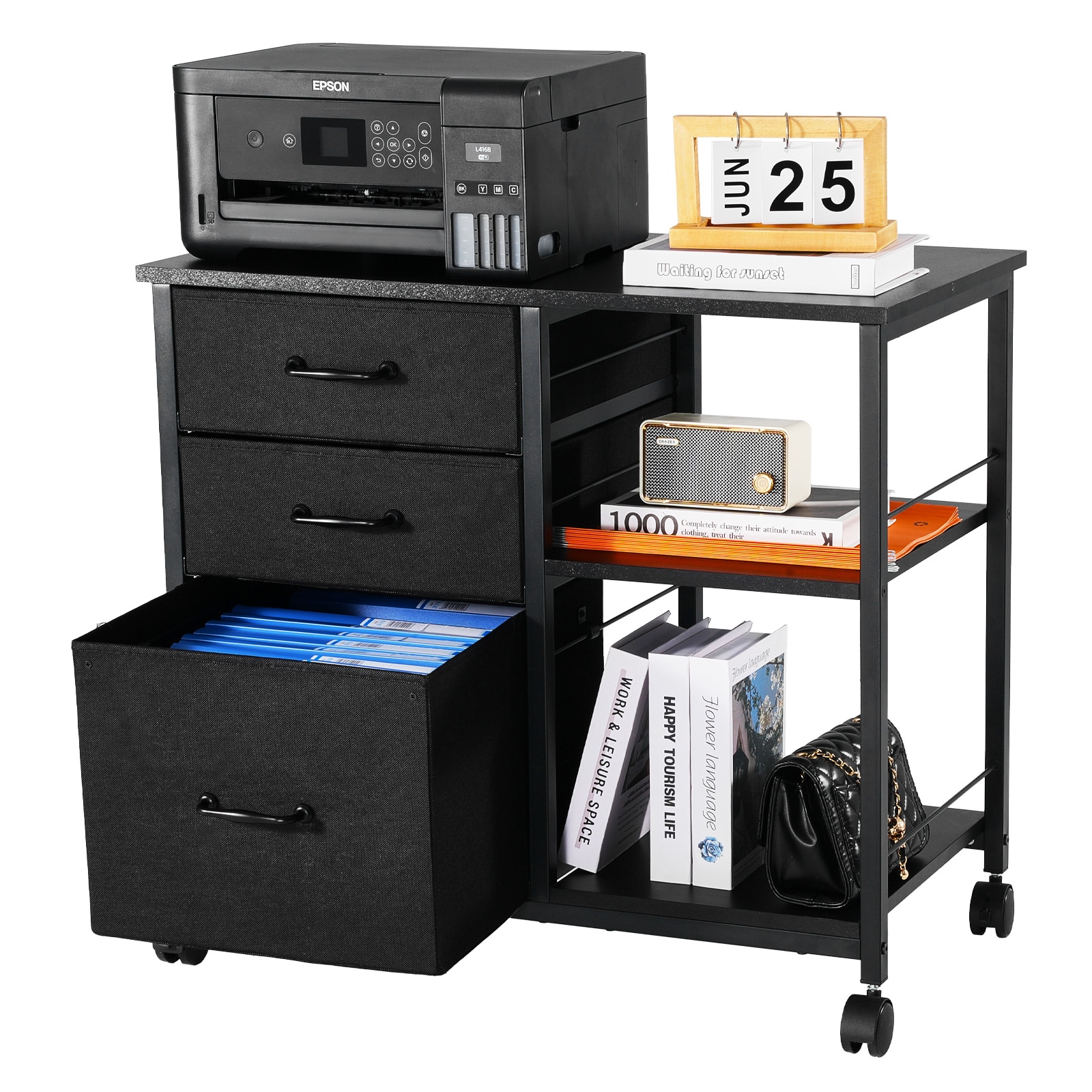 Mobile Metal File Cabinet With 3 Fabric Drawers And 2 Open Shelves Black_maomaolike.com